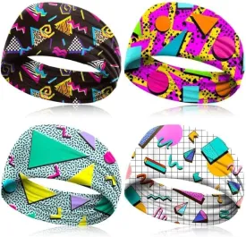 4 Pack 80s 90s Neon Headbands Outfit Accessories for Women Men Retro Vintage Fashion Sweatbands 90s Athletic Elastic Hairband for Hip Hop Party Style Hiking Cycling Running
