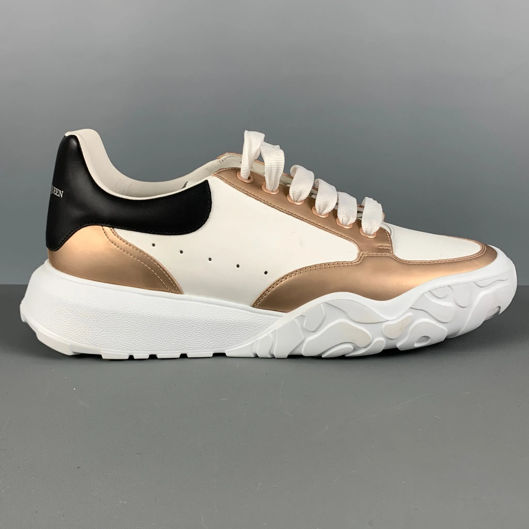 ALEXANDER MCQUEEN Size 11 White Gold Leather Platform Sneakers