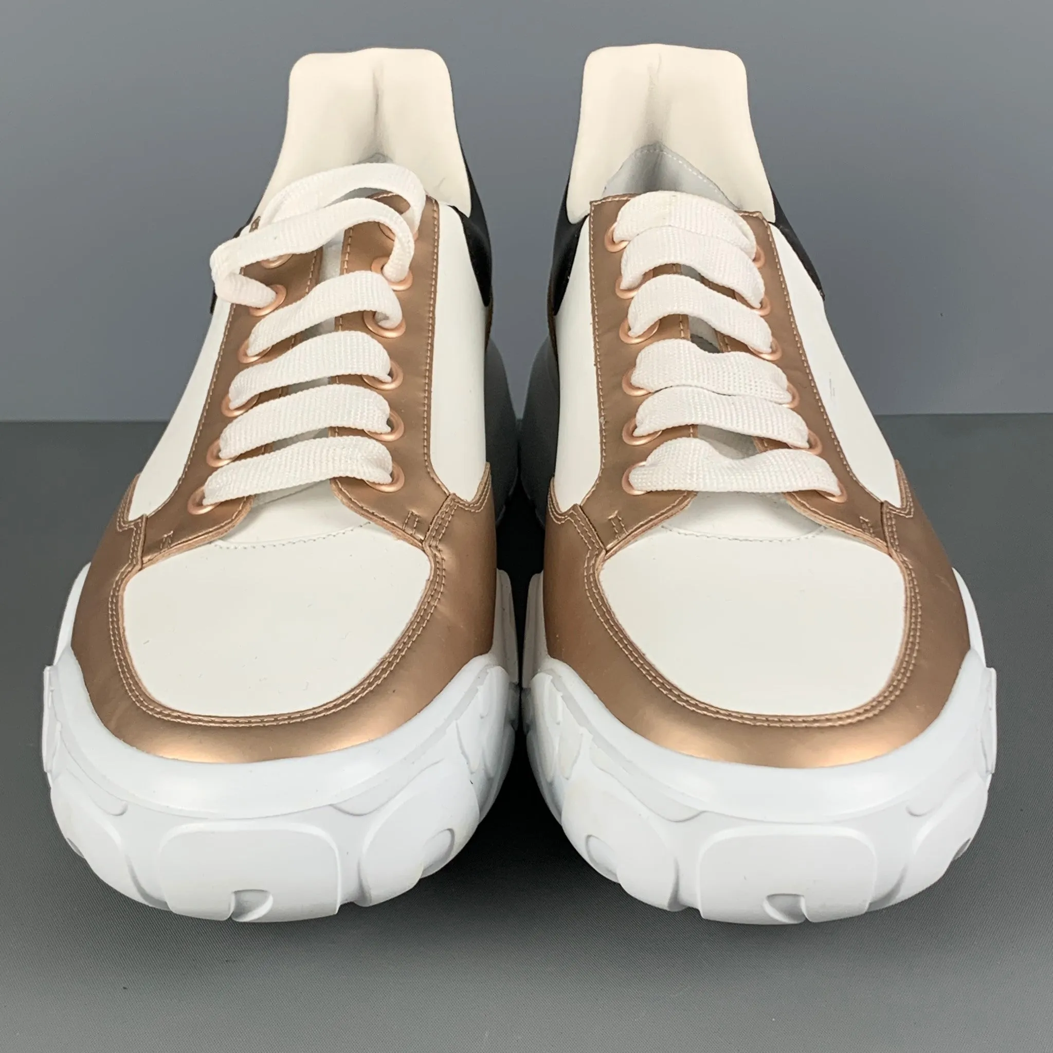 ALEXANDER MCQUEEN Size 11 White Gold Leather Platform Sneakers