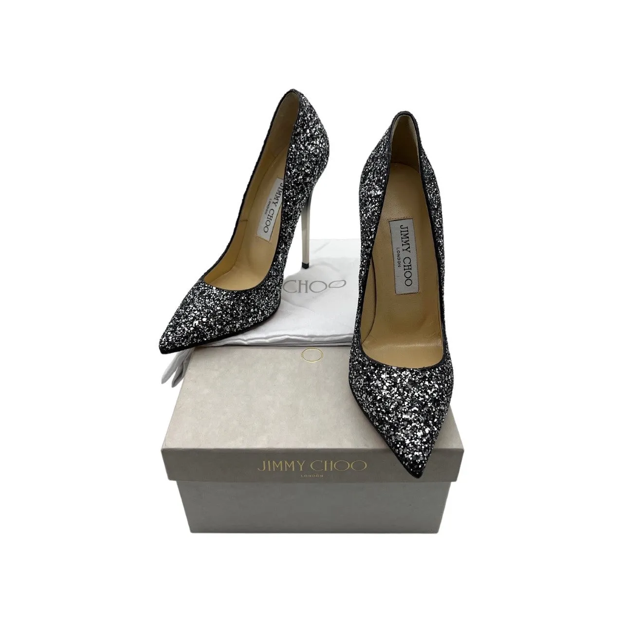 JIMMY CHOO Anouk Black & Mist Glitter Heels - Sz. 36