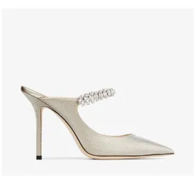 Jimmy Choo Bing 100 Champagne Glitter Fabric Mules with Crystal Strap