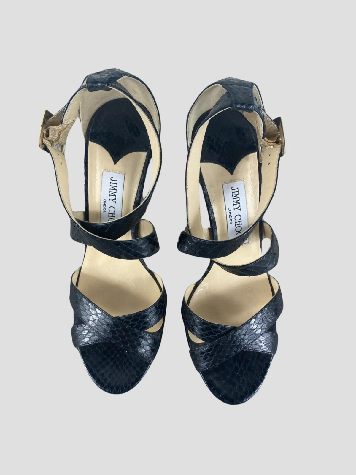 Jimmy Choo black snake skin open toe heels size UK6/US8