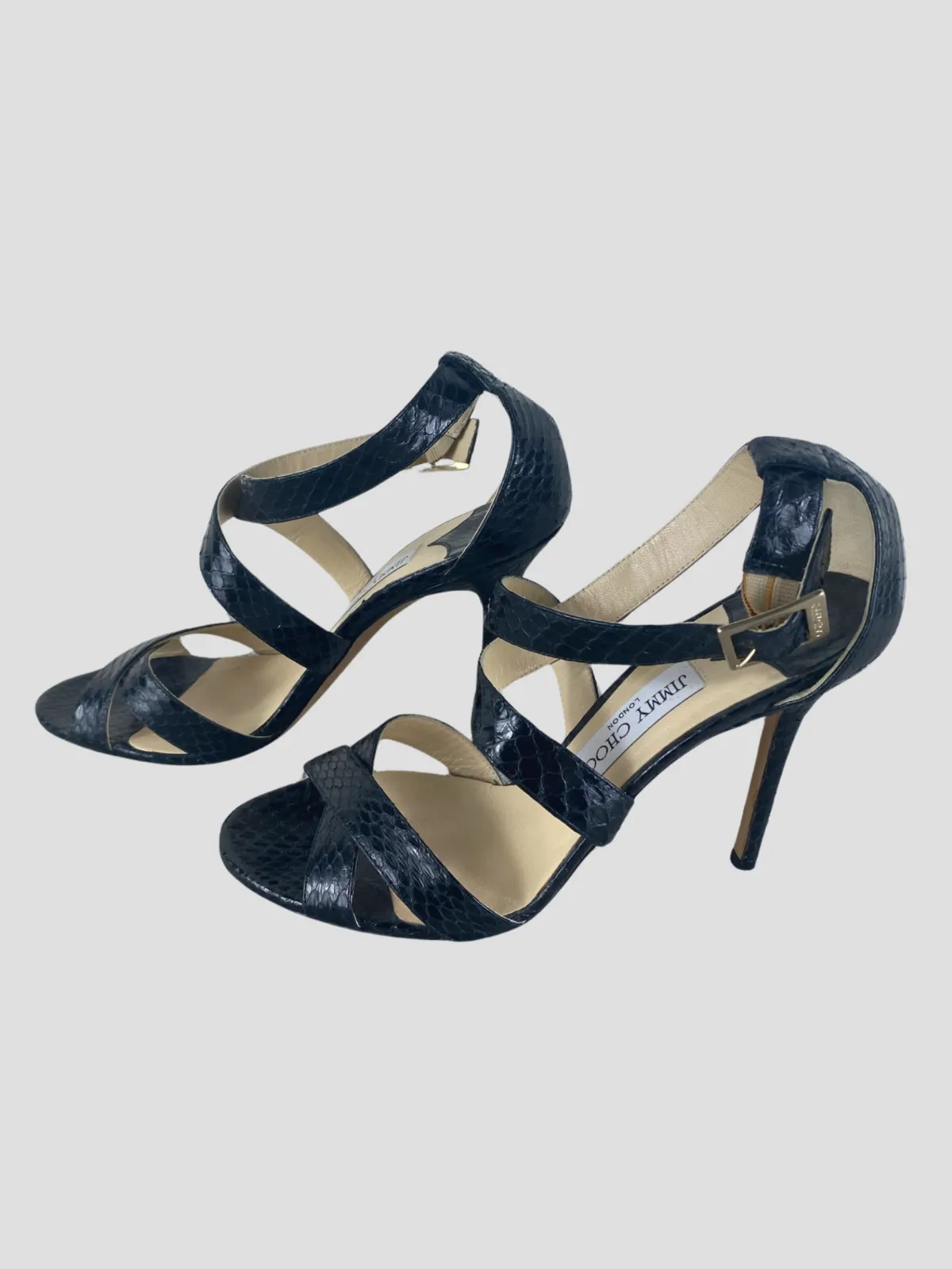 Jimmy Choo black snake skin open toe heels size UK6/US8