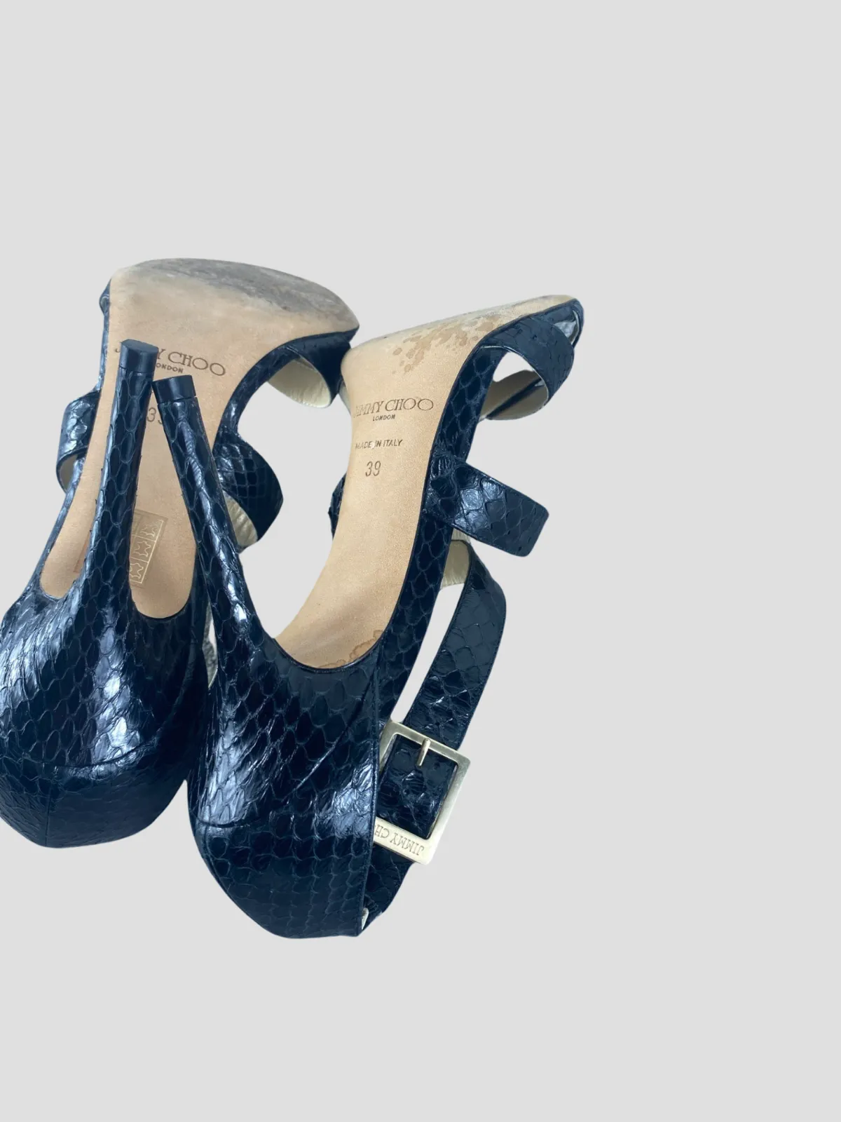 Jimmy Choo black snake skin open toe heels size UK6/US8