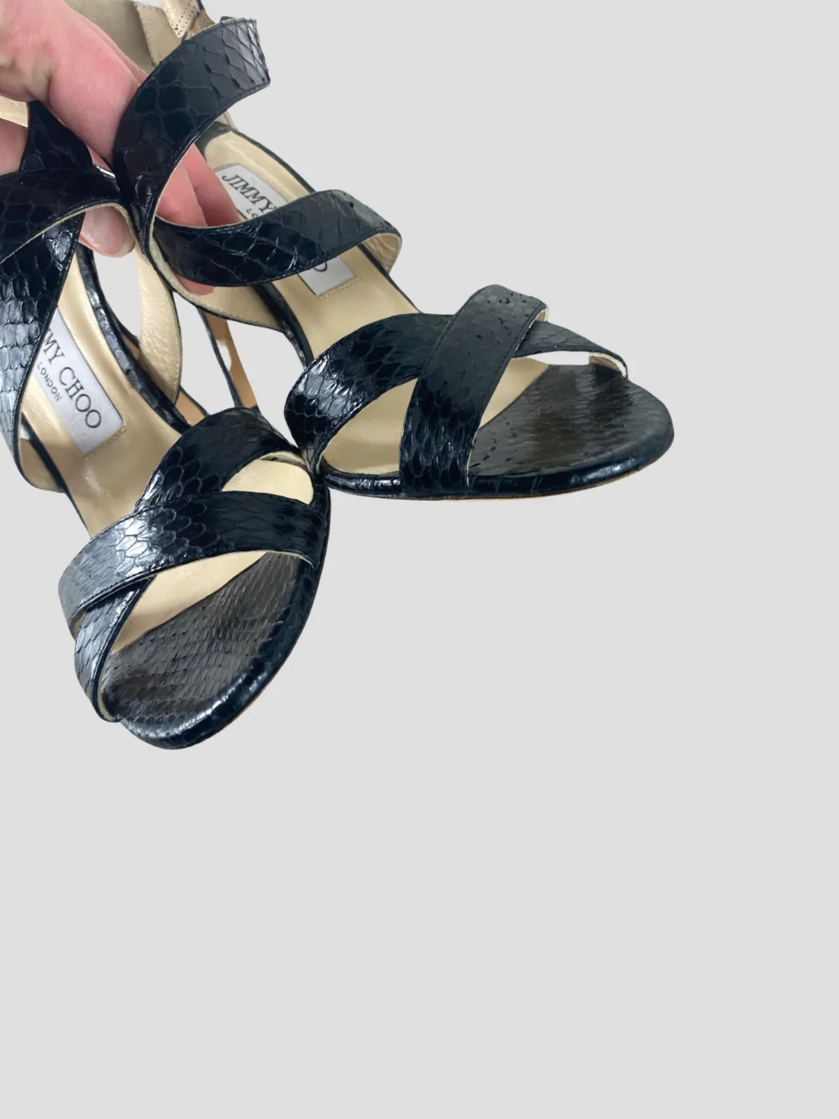 Jimmy Choo black snake skin open toe heels size UK6/US8