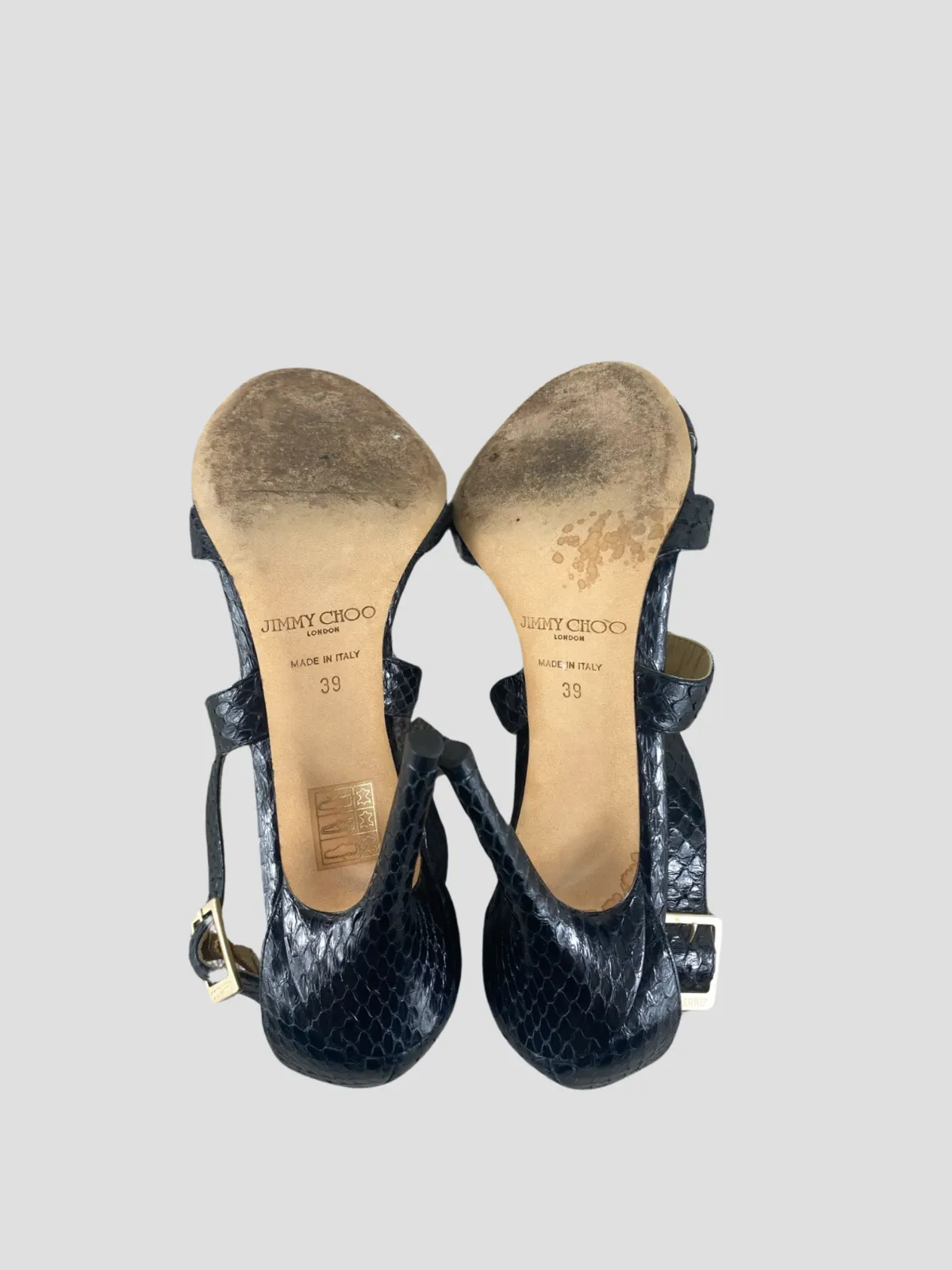 Jimmy Choo black snake skin open toe heels size UK6/US8