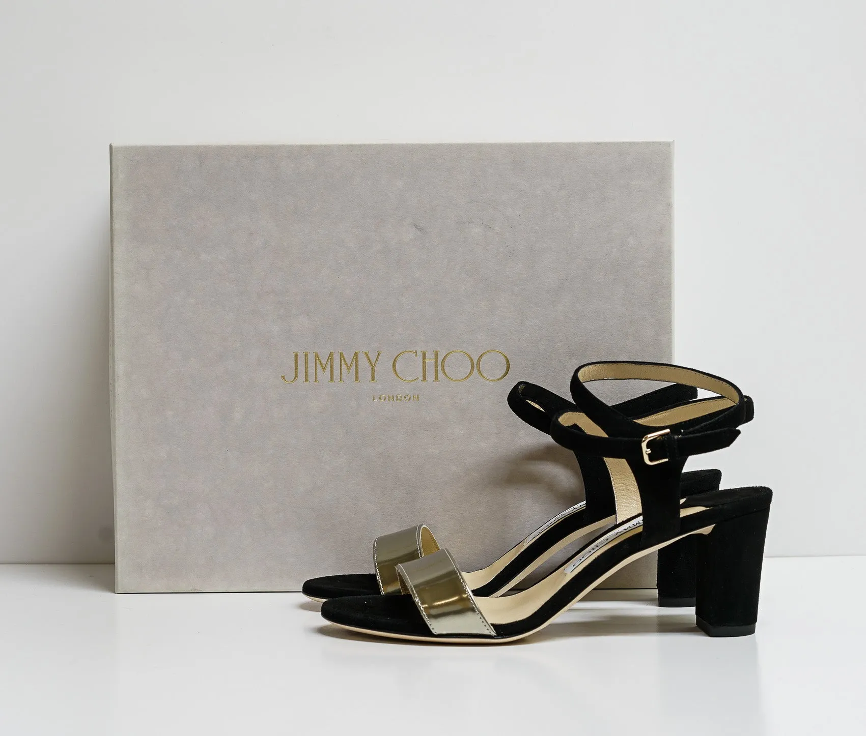 Jimmy Choo Women's Black & Dore Suede & Mirror Leather Sandal  LAST PAIR 36 eu 60% OFF