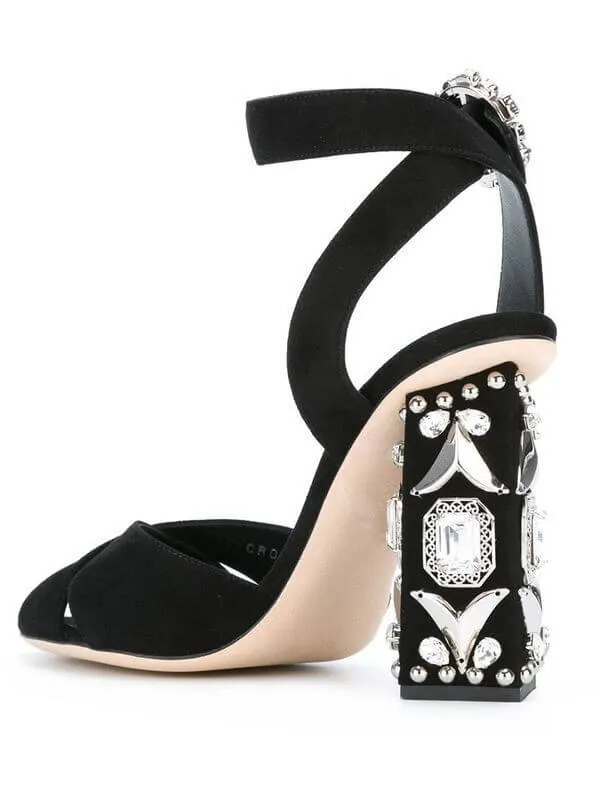 Summer Black Rhinestone Open Toe High Heel Sandals