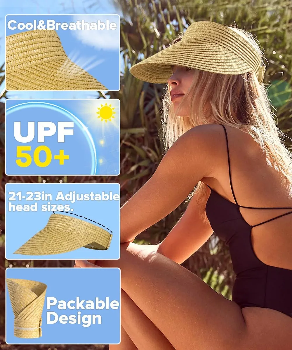 Sun Visor Hats for Women,Beach Sun Hats UPF50  UV Protection Straw Sun Beach Visor Summer Hats Packable